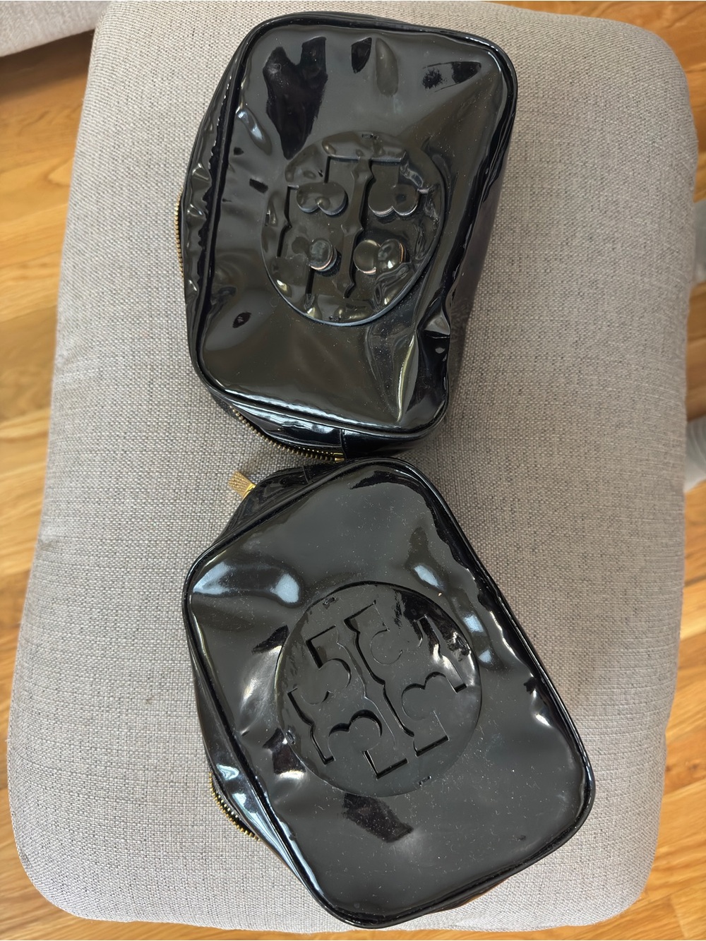 Set of 2 Tory Burch Black Patent Logo Pouch makeup bags. Used